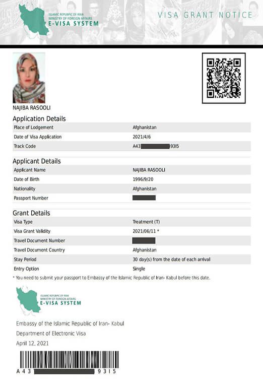 a sample of iran medical visa