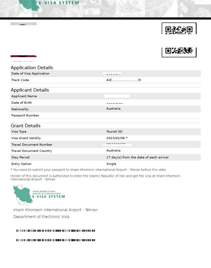 Toirantour-Iran visa for Australia citizens - Grant notice sample