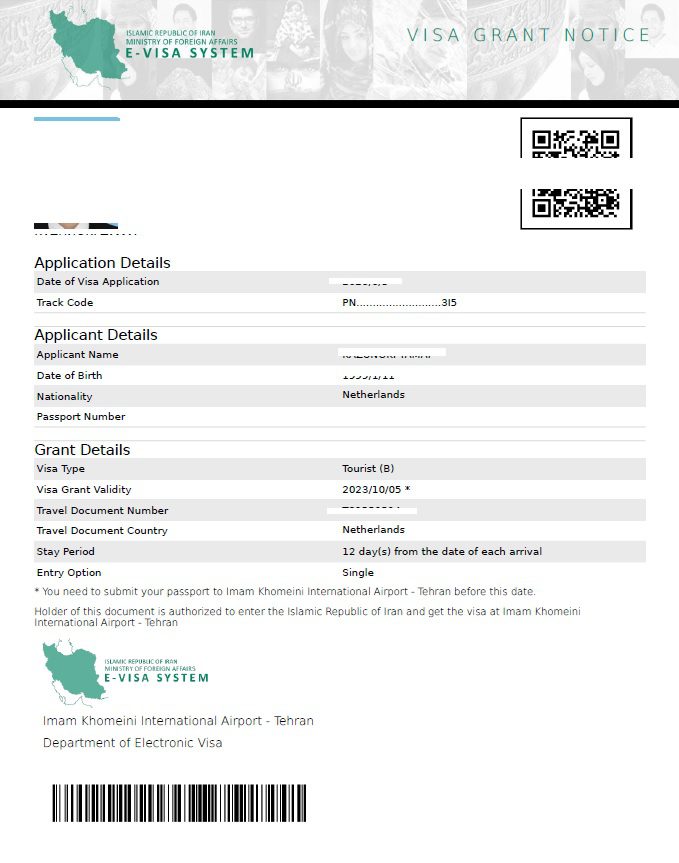 ToIranTour-Iran visa for Dutch citizens - grant notice sample